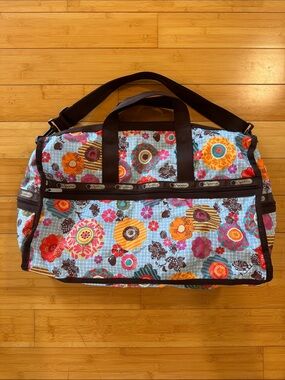 LeSportsac Floral Travel Duffel in Light Blue, Orange, Pink & Brown